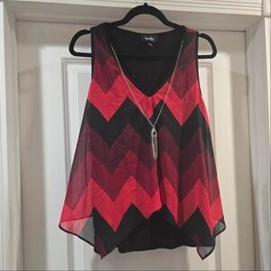 By & By Red Black Chevron Layered Top w/ Attached Necklace Size XL